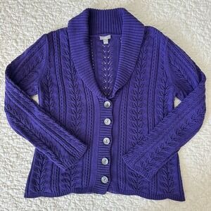 J Jill Knit Sweater Cardigan Medium Cable‎ Pointelle Purple Cotton Blend Chunky
